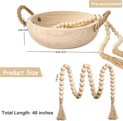 OMISHE Paulownia Wood Bowl, Decorative Bowl for Home Decor, Natural Handmade Dough Wooden Bowl, Rustic Round Serving Bowl with Rope Handle and Wood Bead Garland for Tabletop Centerpiece Decor