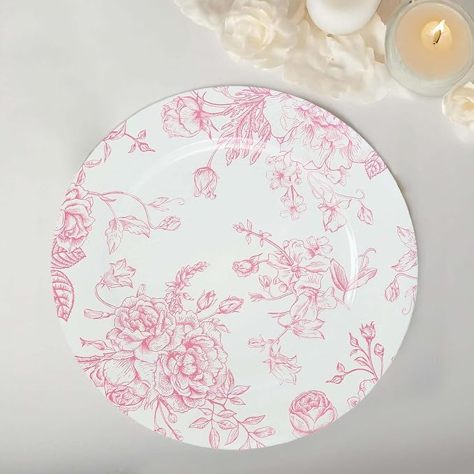Efavormart 6 Pack White Pink Floral Acrylic Charger Plates in French Toile by efavormart