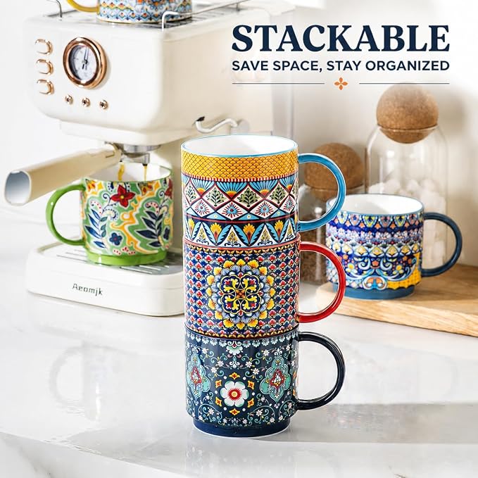 Coffee Mugs Set of 6, 12 oz Ceramic Boho Stackable Cups - Image 5