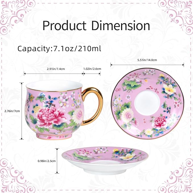 KAMMAK Tea Cup and Saucer, Ceramic Coffee Cups, 7.1 oz, Afternoon Tea and - Image 2