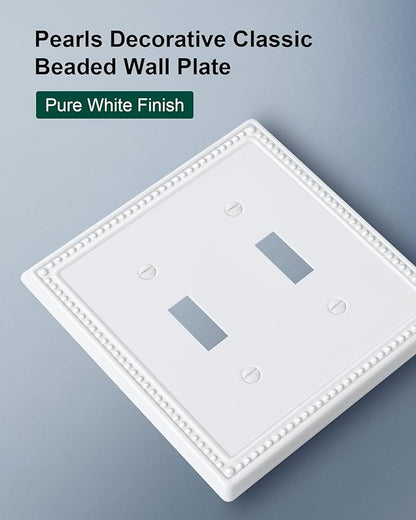 2-Pack Double Toggle Light Switch Cover Plate, Pearls Decorative Dual Switch Plate Covers, Pure White 2 Gang Metal Wall Plate, Corrosion Resistant