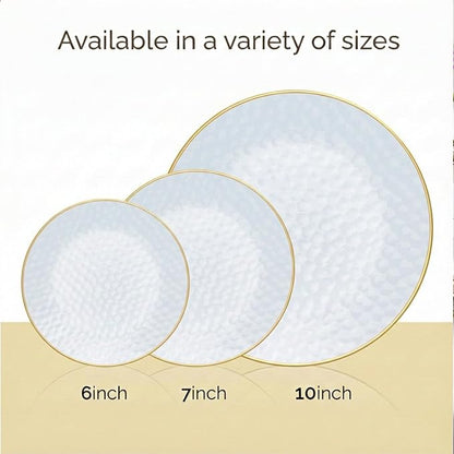 R-kay 100 Pack Blue Plastic Plates - 6 Inch Hammered With Gold Rim, Sturdy, Durable And Extra Heavy duty Blue Dessert Plates Disposable - Ideal For Appetizer And And For Desserts.