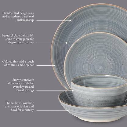 Gibson Home Stonebury 16 Piece Plates and Bowls Assorted Color Dishes - Handpainted Stoneware Dinnerware Set - Service for 4