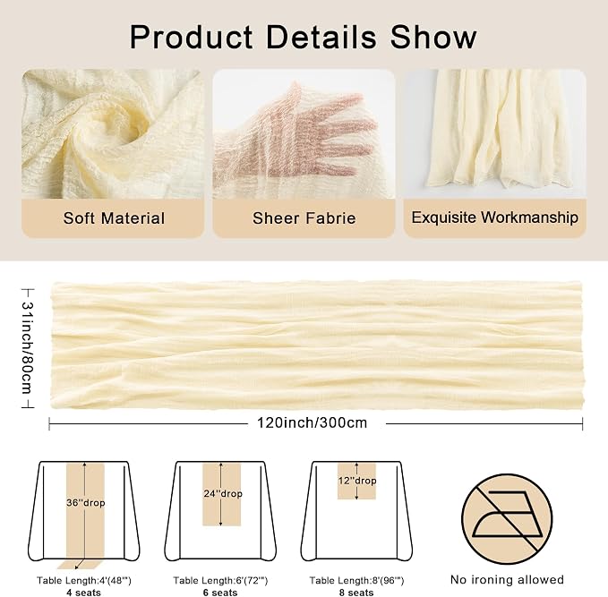 Beige Cheesecloth Table Runner Gauze Rustic Boho Home Decoration | 30x120 Inches - Image 2