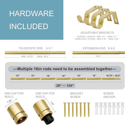 Curtain Rods for Windows 16 to 120 Inches Adjustable Length 1 Inch Diameter Window Curtain Rod with Aluminium Finials, Flash Gold