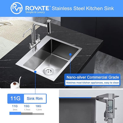 ROVATE 22x18 inches Drop-in Kitchen Sink Single Bowl Stainless Steel with 1 Hole, Handmade Topmount Kitchen Sink with Basket Strainer