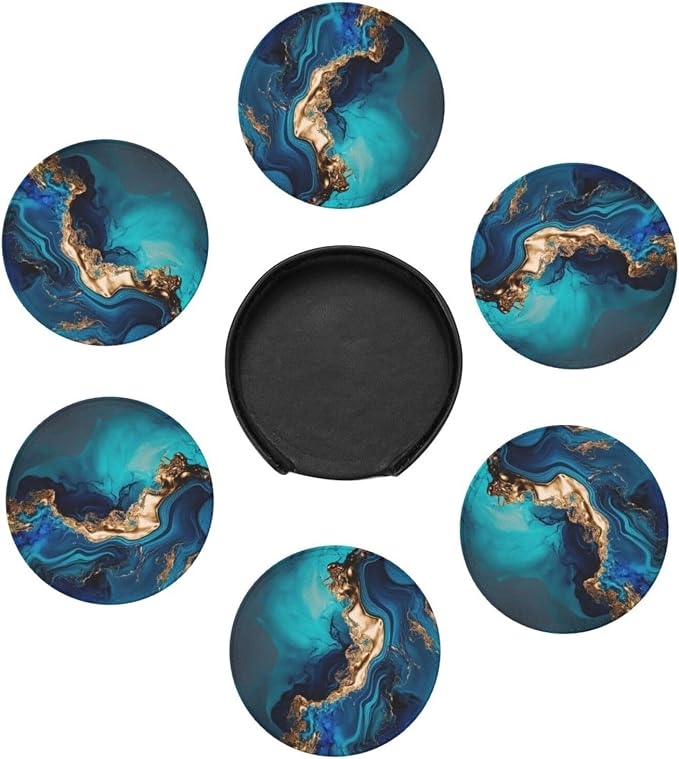 Cyan Mint Liquid Watercolor Teal Turquoise Marbled Premium Leather Coasters - Image 2