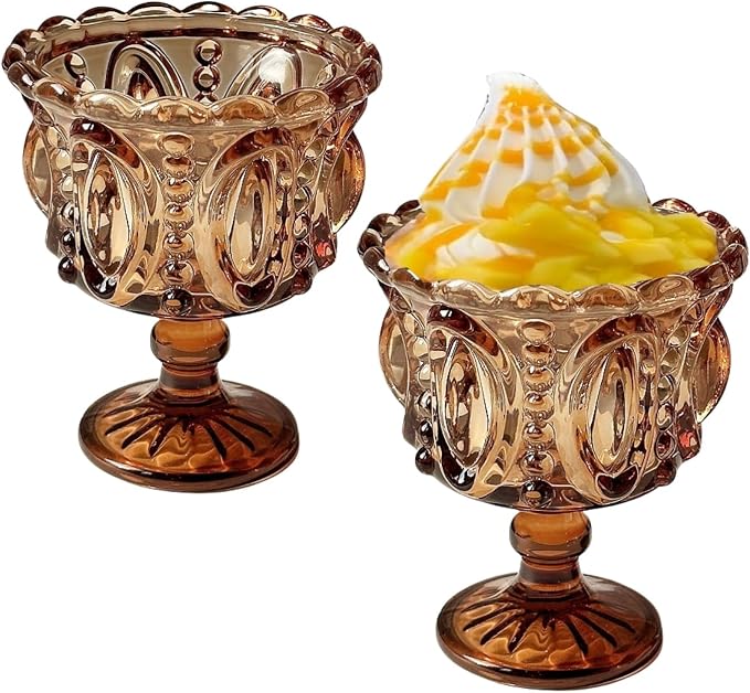 Carnival Glass Vintage Footed Dessert Cups Set of 2, 9oz Embossed Goblet by YUHANOER