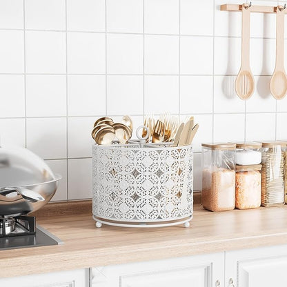 Rotating Utensil Caddy Holder - Higher Raised Cutlery Caddy Countertop - Metal Silverware Caddy Organizer with 4 Compartment for Kitchen Counter Party Office white