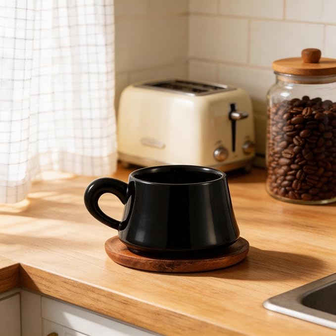 Black Cappuccino Mug and Wood Saucer - 7 oz Ceramic Coffee Cup - Image 3