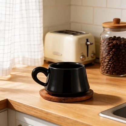 Black Cappuccino Mug and Wood Saucer - 7 oz Ceramic Coffee Cup - Image 3