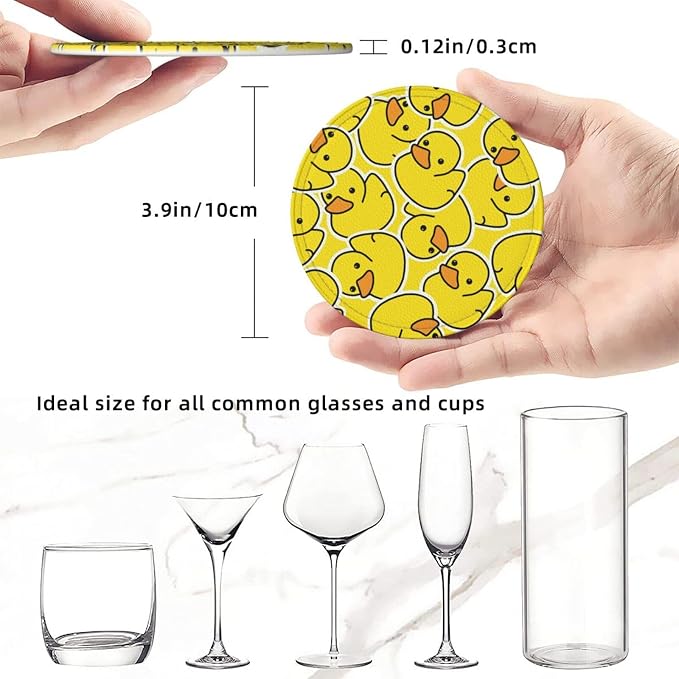 Drink Coasters with Holder Stand Set of 6 Yellow Ducks Pattern Drawing Pu - Image 3