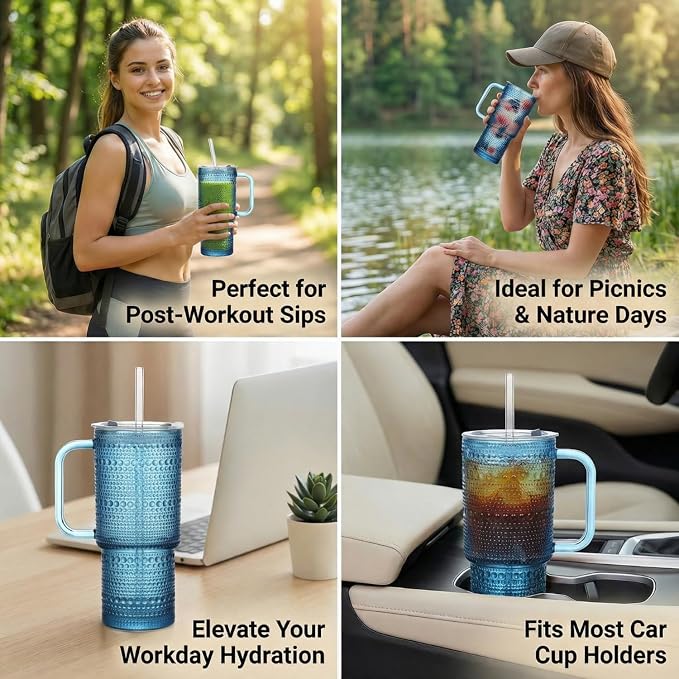 20 oz Blue Glass Tumbler with Lid and Straw, Glass Iced Coffee Cups, - Image 5