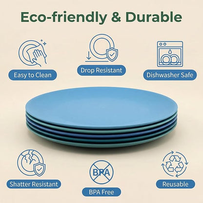 10 inch Wheat Straw Plates, Unbreakable Flat Dinner Plate Set of 8, BPA Free Dishwasher & Microwave Safe Reusable Salad Camping for Kids Kitchen (4 Color)