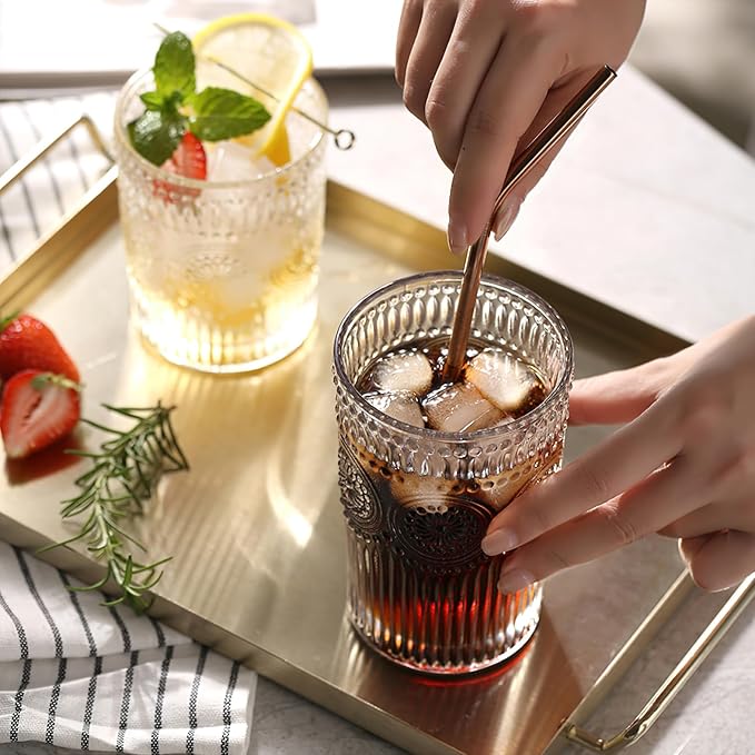Kingrol Embossed Vintage Drinking Glasses Set of 6, 12 oz Textured Glass - Image 5