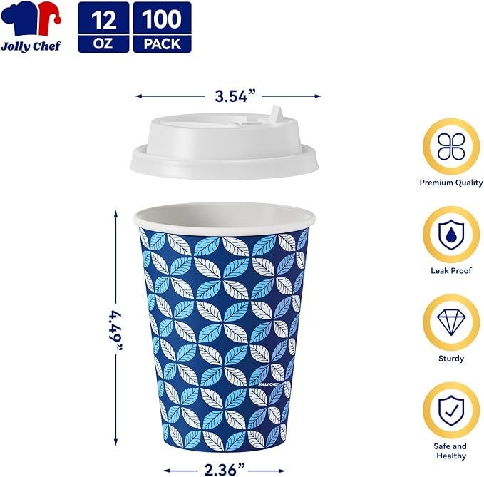 JOLLY CHEF 12oz Paper Coffee Cups 100 Pack, Disposable To Go Coffee Cups - Image 2