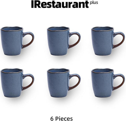 Organic Shape Highland Ceramic Mug, 6pcs 12oz Handmade Reactive Glaze Stoneware Coffee Mug with Wavy Edge, for Kitchen, Microwave & Dishwasher Safe, Scratch Resistant-Blue