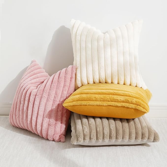 decorUhome Cozy Faux Fur Throw Pillow Covers 26x26 Set of 2 Decorative Soft Plush Striped Modern Farmhouse Boho Couch Euro Sham Pillow Cases with Velvet Back for Sofa Bed Living Room Valentines, Pink
