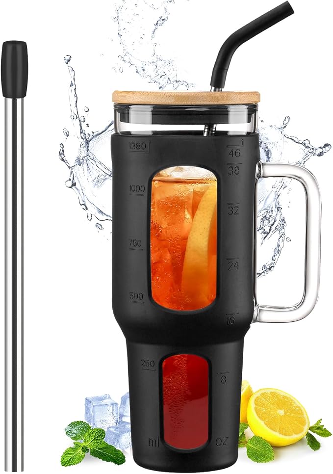 WINSA Glass Tumbler with Lid and Straw, 46 oz, Large Water Bottle with Silicone by WINSA