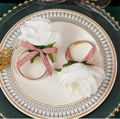 Pearl Napkin Rings Set of 6,Rustic Rose Napkin Rings Flower Dinner Napkin Holder for Table Decoration (21#White)