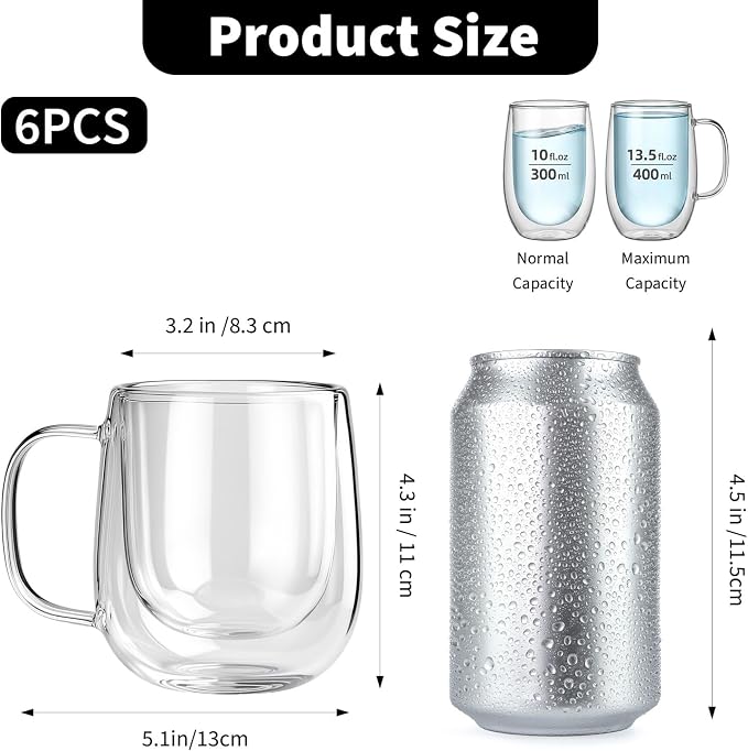 6 Pack Double Wall Glass Mugs 12 oz, Insulated Clear Coffee Cups - Image 2