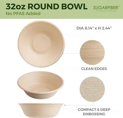 [500 COUNT]Harvest Pack PFAS FREE 32oz Compostable Round Paper Bowls, Heavy-Duty Eco-Friendly Disposable Bagasse Large Soup Bowls, sugarcane made for Meal Prep Takeout Dinnerware, Microwave Safe