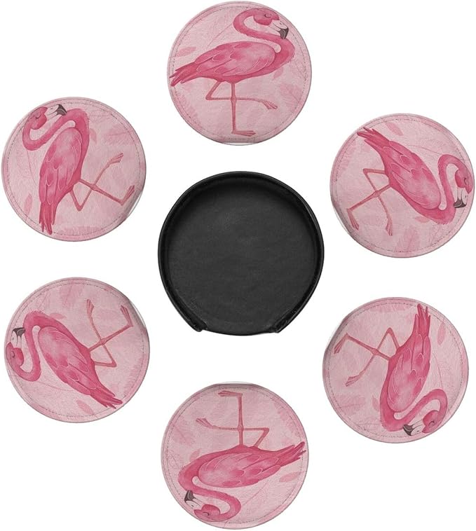 Pink Cute Flamingo Modern Art Boho Premium Leather Coasters - Image 2