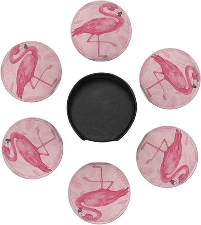 Pink Cute Flamingo Modern Art Boho Premium Leather Coasters - Image 2