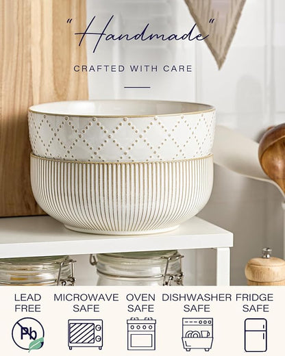 getstar Large Serving Bowls (8 inch & 60 fl oz), Ceramic Salad Bowl Set of 2, Microwave and Dishwasher Safe, Farmhouse Kitchen Decorative Bowls Set (Embossed Checks & Stars)
