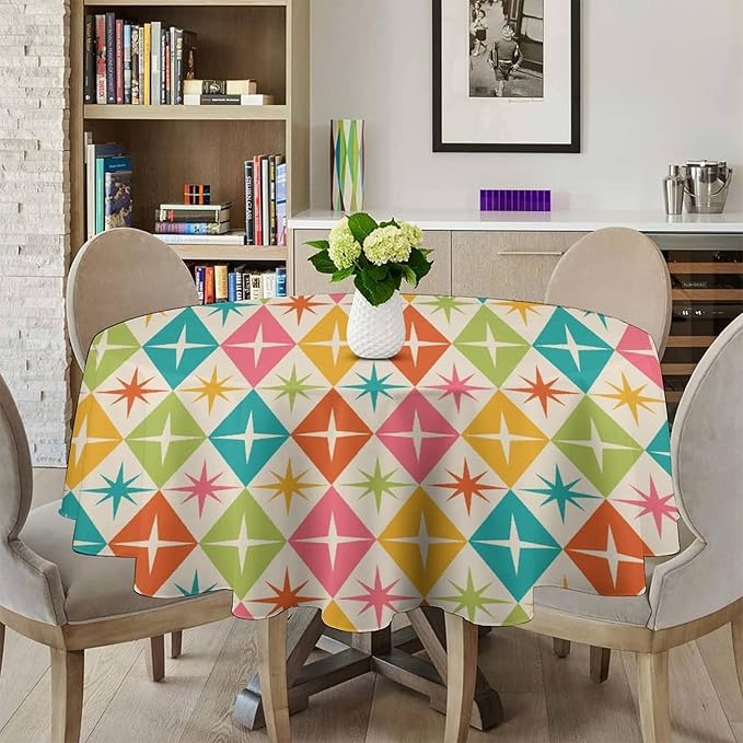Abstract Geometric Round Tablecloth, Mid Century Retro Abstract Vintage Tablecloth for Home Party Dining Room Kitchen Decor 36Inch(90cm)