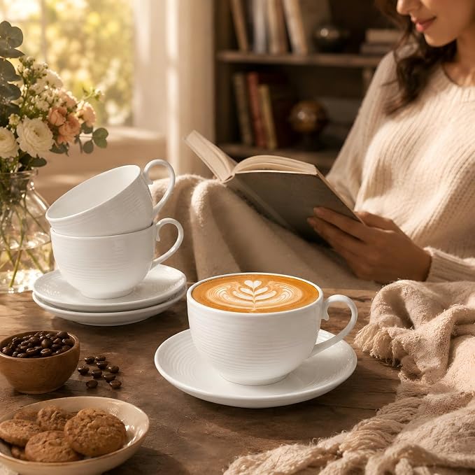 Porcelain Cappuccino Cups with Saucers, 4-Piece Coffee Cup Set | Glossy - Image 9
