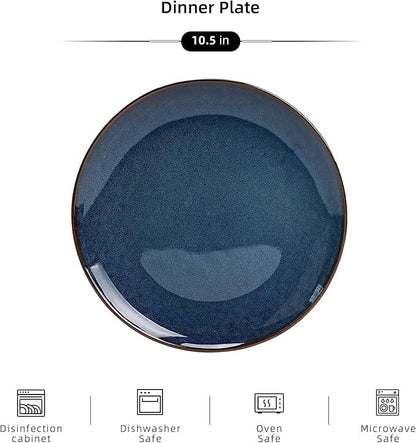 Organic Shape Highland Ceramic Dinner Plates, 6pcs 10.5 Inch Handmade Reactive Glaze Dinnerware Sets with Wavy Edge, for Kitchen, Microwave & Dishwasher Safe, Scratch Resistant-Blue