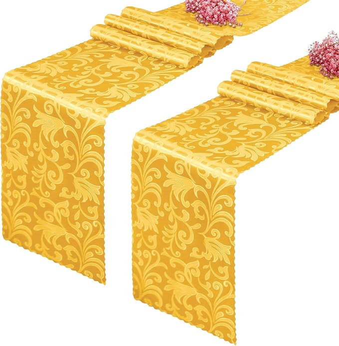 2 Pack Gold Damask Satin Table Runner 12 x 108 Inch | Bright Smooth Damask by Eychei