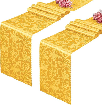 2 Pack Gold Damask Satin Table Runner 12 x 108 Inch | Bright Smooth Damask by Eychei