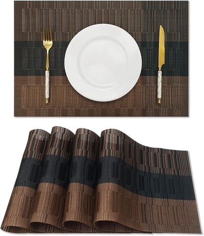 HeloHo Brown Black Placemats Set of 4 Washable Place Mats Vinyl Woven Table Mats Wipeable Placemat for Kitchen Dining Table Decoration Indoor Outdoor