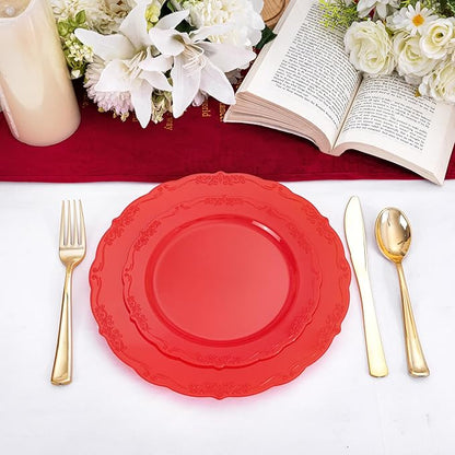 U-QE 100PCS Red Plastic Plates - Heavy Duty Valentines Plates Disposable, Red Plates Disposable Include 50PCS 10.25" Dinner Plates and 50PCS 7.5" Dessert/Salad Plates for Valentine's Day, Party