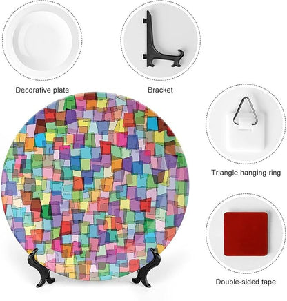 Ceramic Display Plate, Abstract Ceramic Hanging Decorative Plate, Mosaic Tile Pattern Colorful Squares Cubes, 10 Inch, Living Room Kitchen Decoration Household, Multicolor