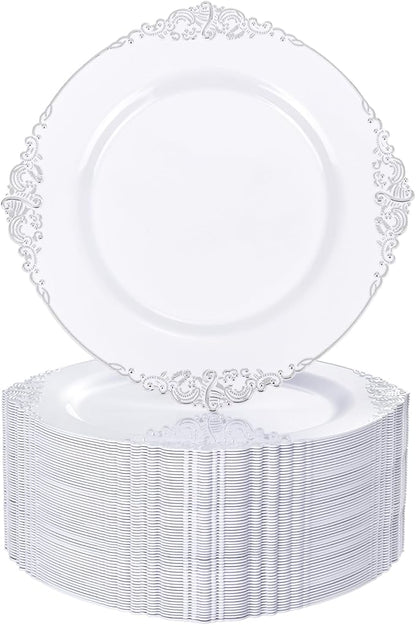 Nervure 100Pcs White and Silver Plastic Plates - 7.5 inch White Plastic Plates with Silver Rim - Disposable Dessert Plate for Wedding & Party