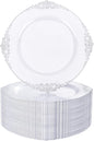 Nervure 100Pcs White and Silver Plastic Plates - 7.5 inch White Plastic Plates with Silver Rim - Disposable Dessert Plate for Wedding & Party