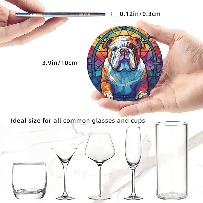 English Bulldog Stained Dog Breed Glass Art Leather Drinks Coasters - Image 3