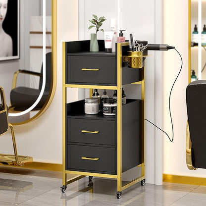 OmySalon Salon Trolley Cart, Hair Styling Station with 3 Drawers, 2 Open Shelf & Tool Holders, Mobile Barber Storage Cabinet Utility Trolley for Beauty Salon Spa,Black