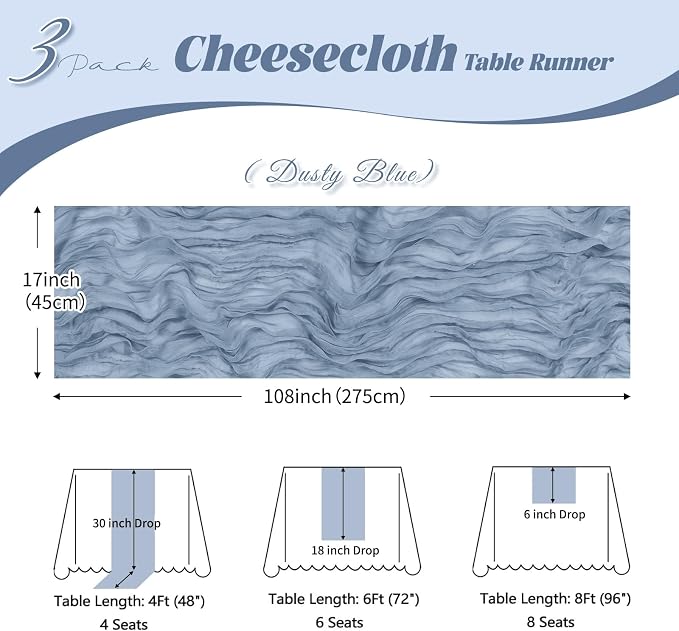 3 Pack Dusty Blue Cheesecloth Table Runner, 17 x 108 inch, Semi Sheer Boho - Image 3
