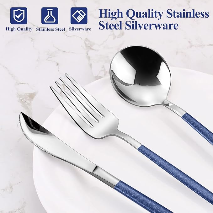VANVRO Mirror Silver Blue Silverware Set, 20-Piece Stainless Steel Flatware Set - Image 4