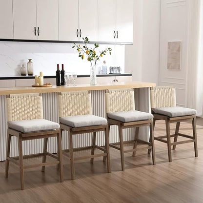 Mid Century Modern Counter Height Barstools Set of 6, 27” Linen Upholstered Counter Stools with Rope Woven Back Wooden Farmhouse Bar Stools for Kitchen Island Dining Room,Grey