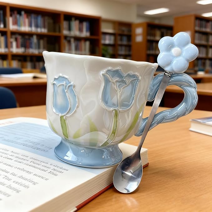 DTIUYIOP-Ceramic Coffee Mug 14oz/410ml Blue Cute Flower - Image 4