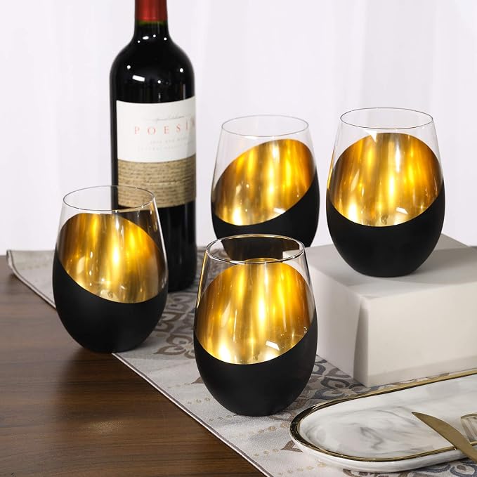 MyGift Modern Matte Black and Gold Tilted Design Stemless Wine Glasses Tumblers - Image 2
