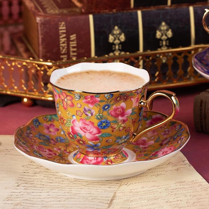 KAMMAK Tea Cup and Saucer, Ceramic Coffee Cups, 6.3 oz, Afternoon Tea and - Image 5