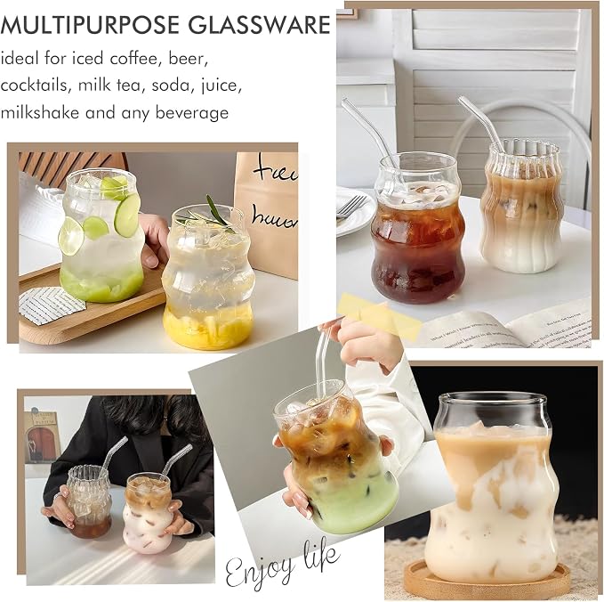 Ribbed Glass Cups Set of 4: 18OZ Vintage Aesthetic Iced Coffee Glasses - Image 7
