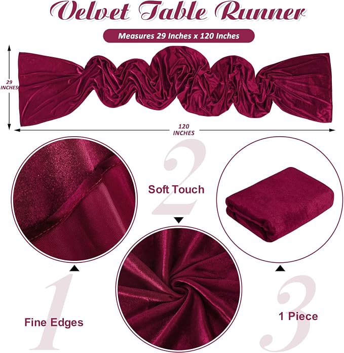 Burgundy Velvet Table Runner 29x120 Inch Luxury Retro Christmas Runners | 10ft - Image 5