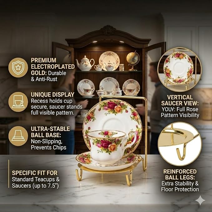 HOHIYA Gold Tea Cup and Saucer Display Stand 6 Cup Holder Rack | Elegant gold - Image 2